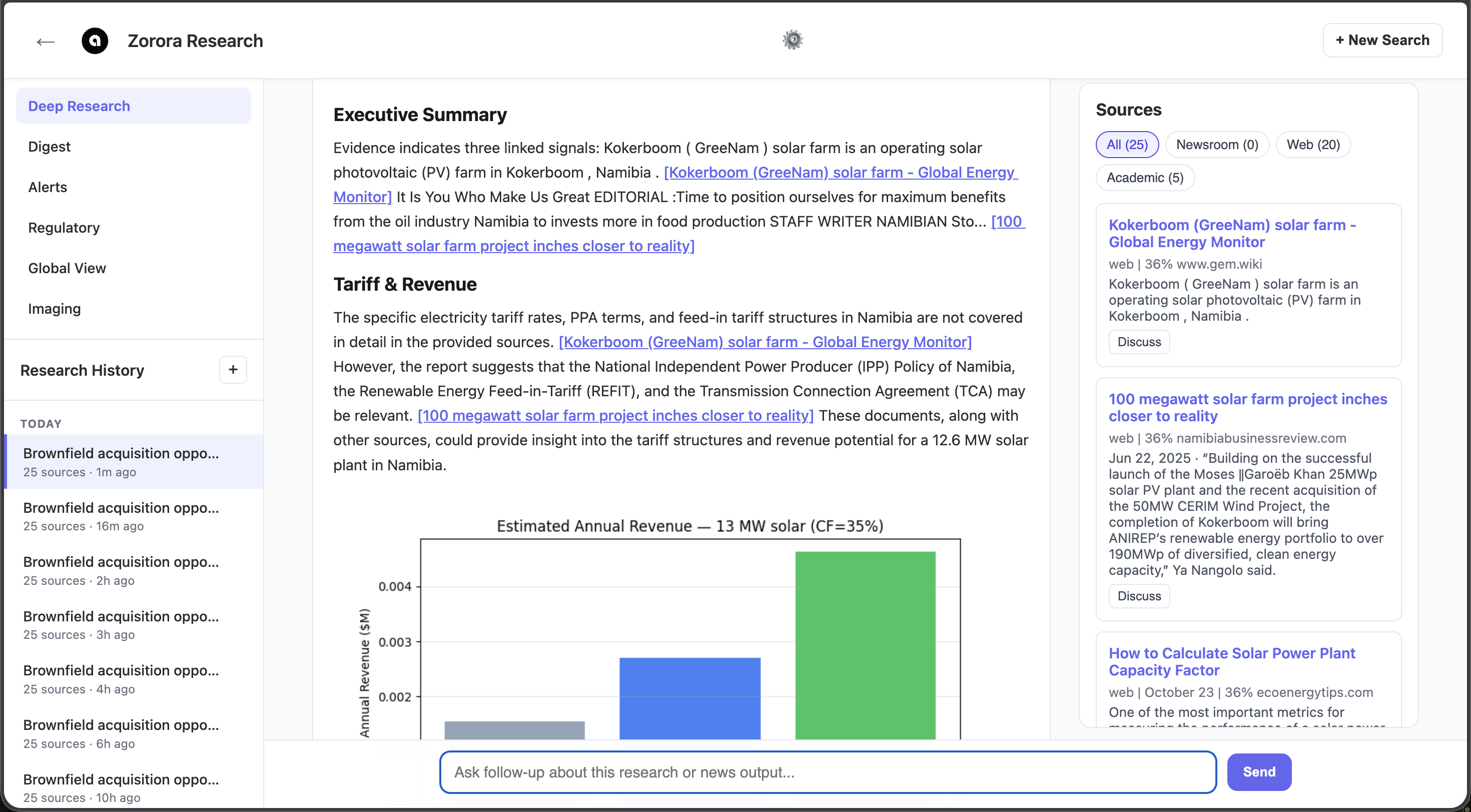 Zorora Diligence Report — structured domain sections with embedded charts