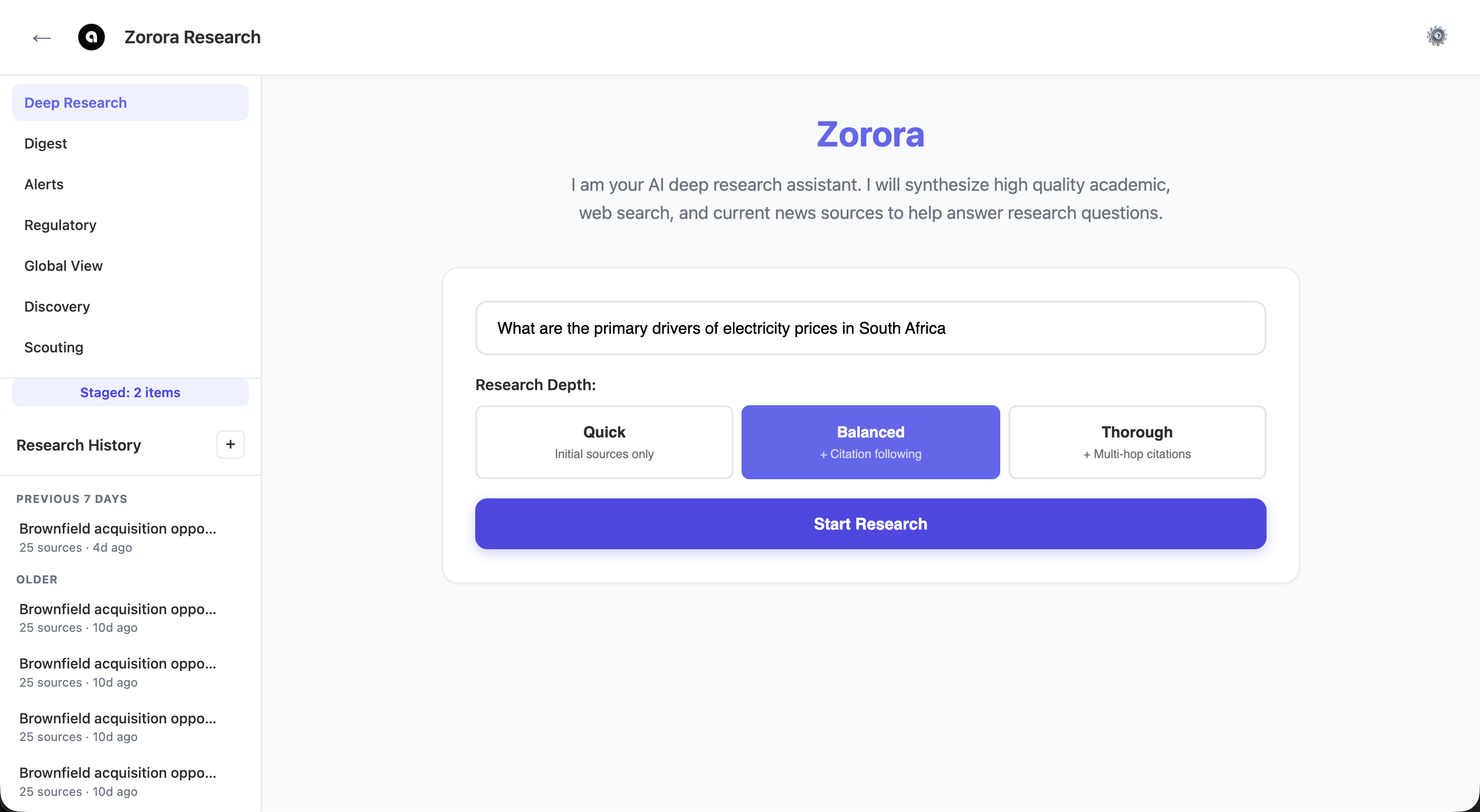 Deep Research query input