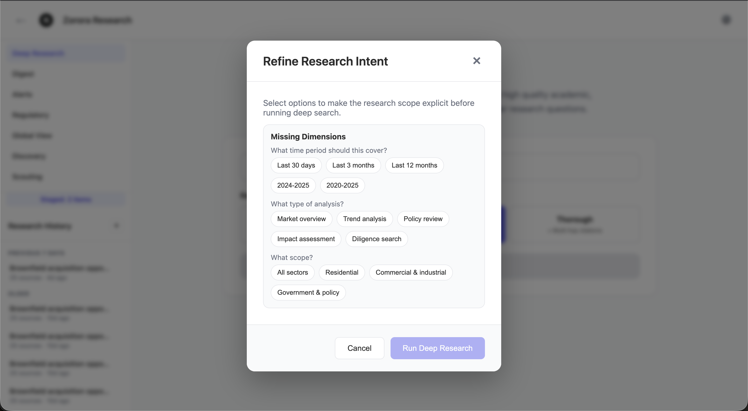 Refine Research Intent modal