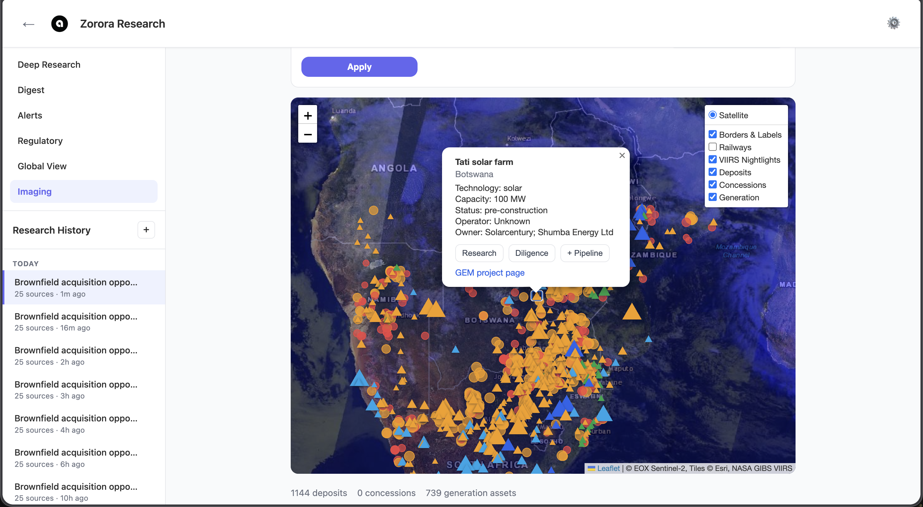 Zorora satellite imaging view showing generation assets across Southern Africa
